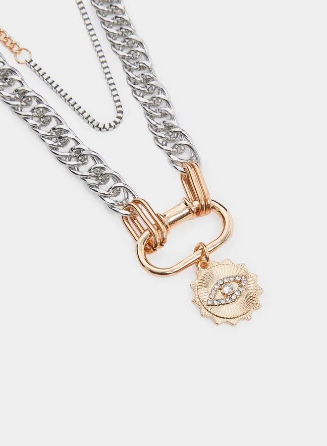 Layered Chain Necklace With Evil Eye Pendant